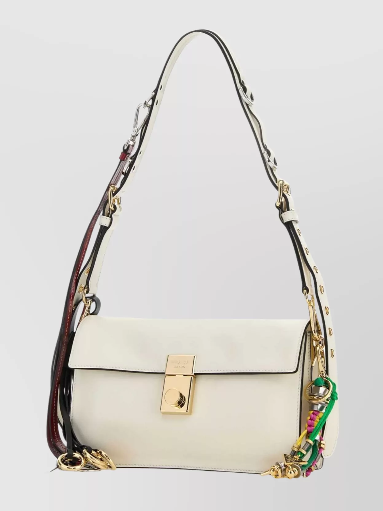 Prada Small Leather Shoulder Bag Featuring Charms In Neutral