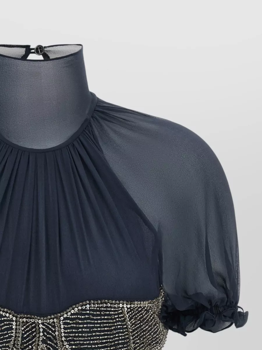 The Attico Silk Beaded High Neck Short Sleeve Blouse