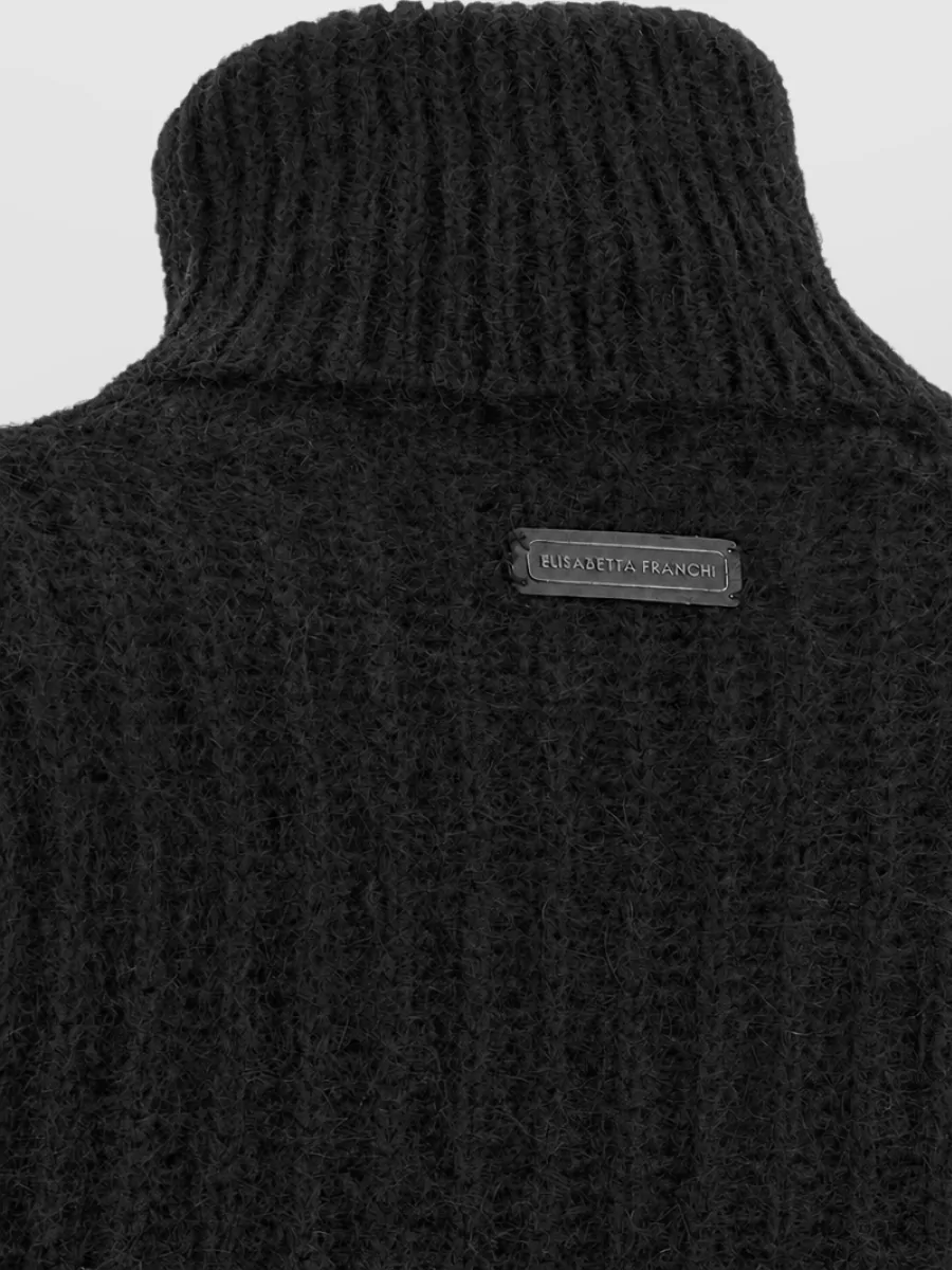 Elisabetta Franchi Mohair Ribbed Ruffled High Neck Cropped Sweater