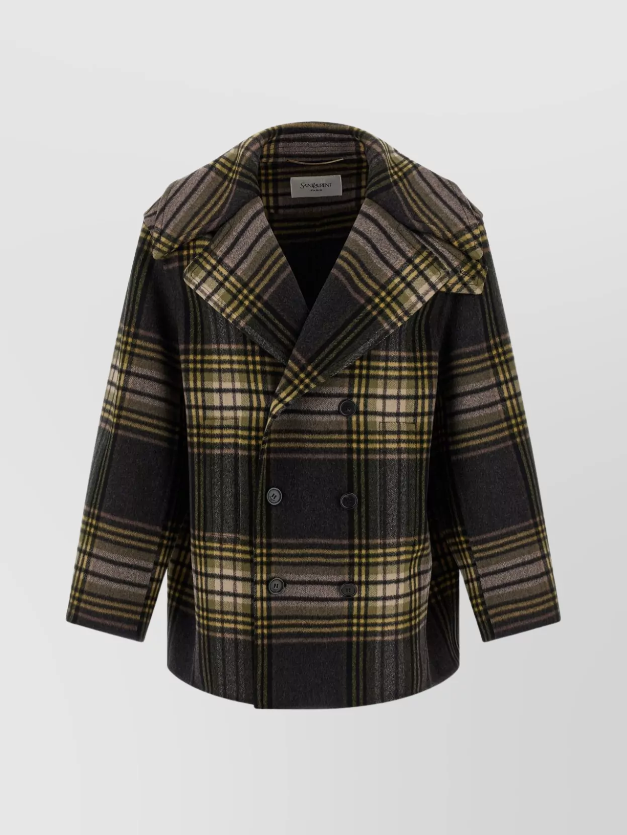 Saint Laurent Double-Breasted Plaid Coat Long Sleeves