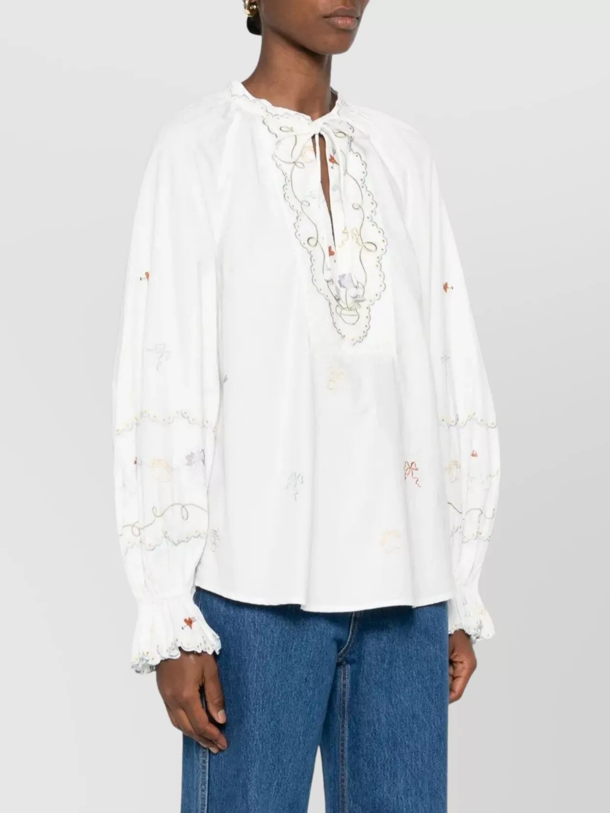 Alémais Puff Sleeve Embroidered Blouse With Tie Neck