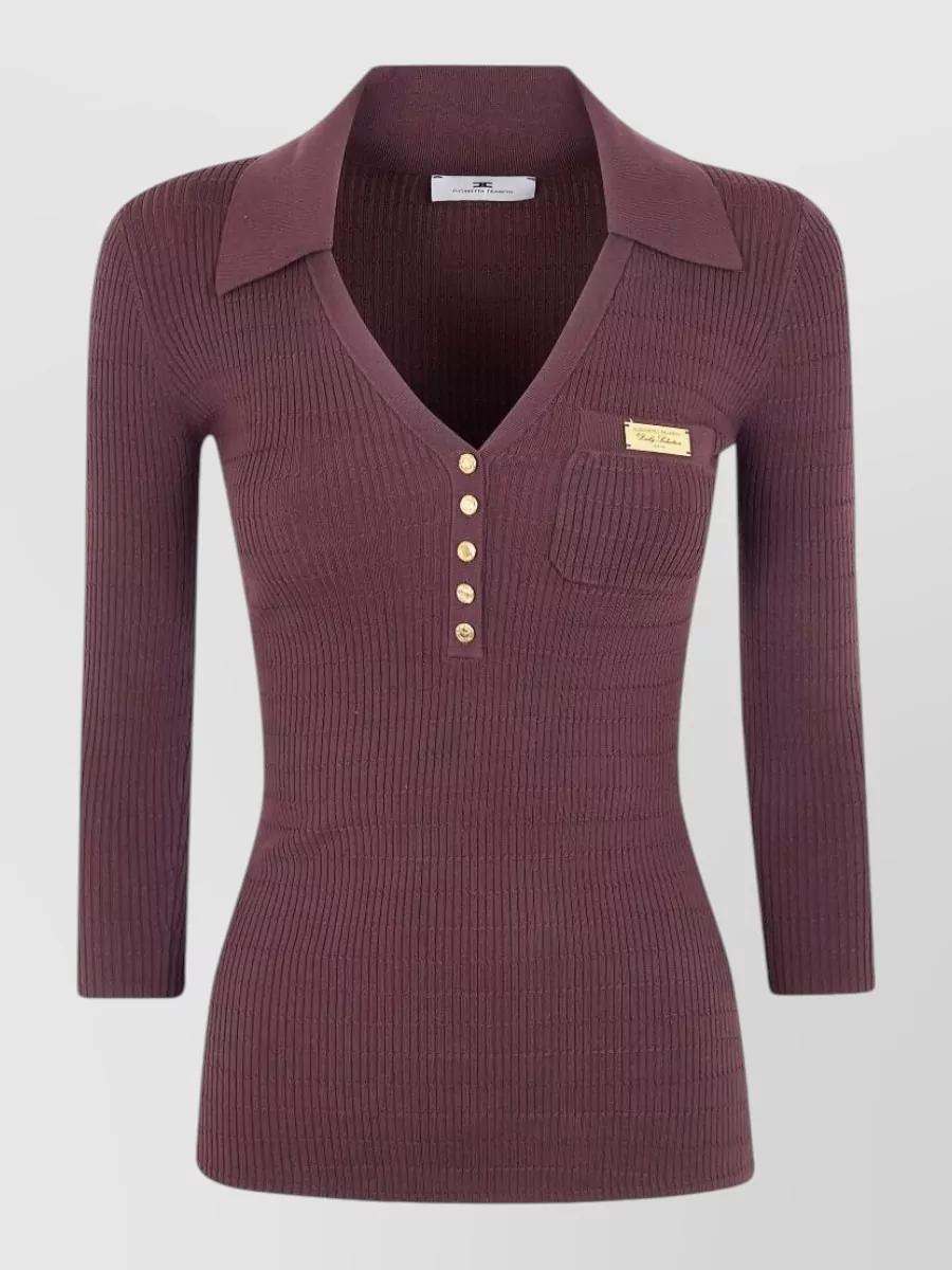 Elisabetta Franchi Silk ribbed v-neck long-sleeve polo shirt