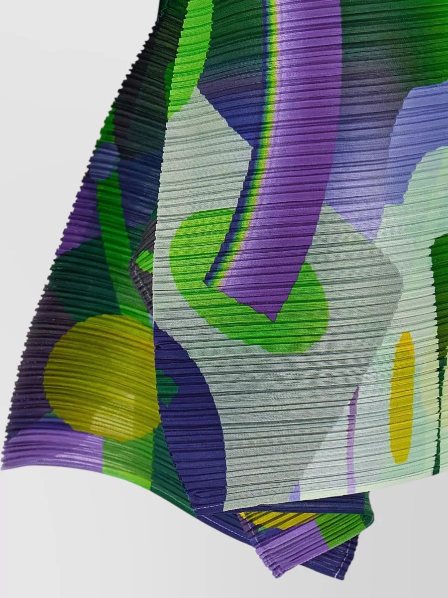 Pleats Please Issey Miyake Printed Pleated Boat Neck Short Sleeve Asymmetric Blouse