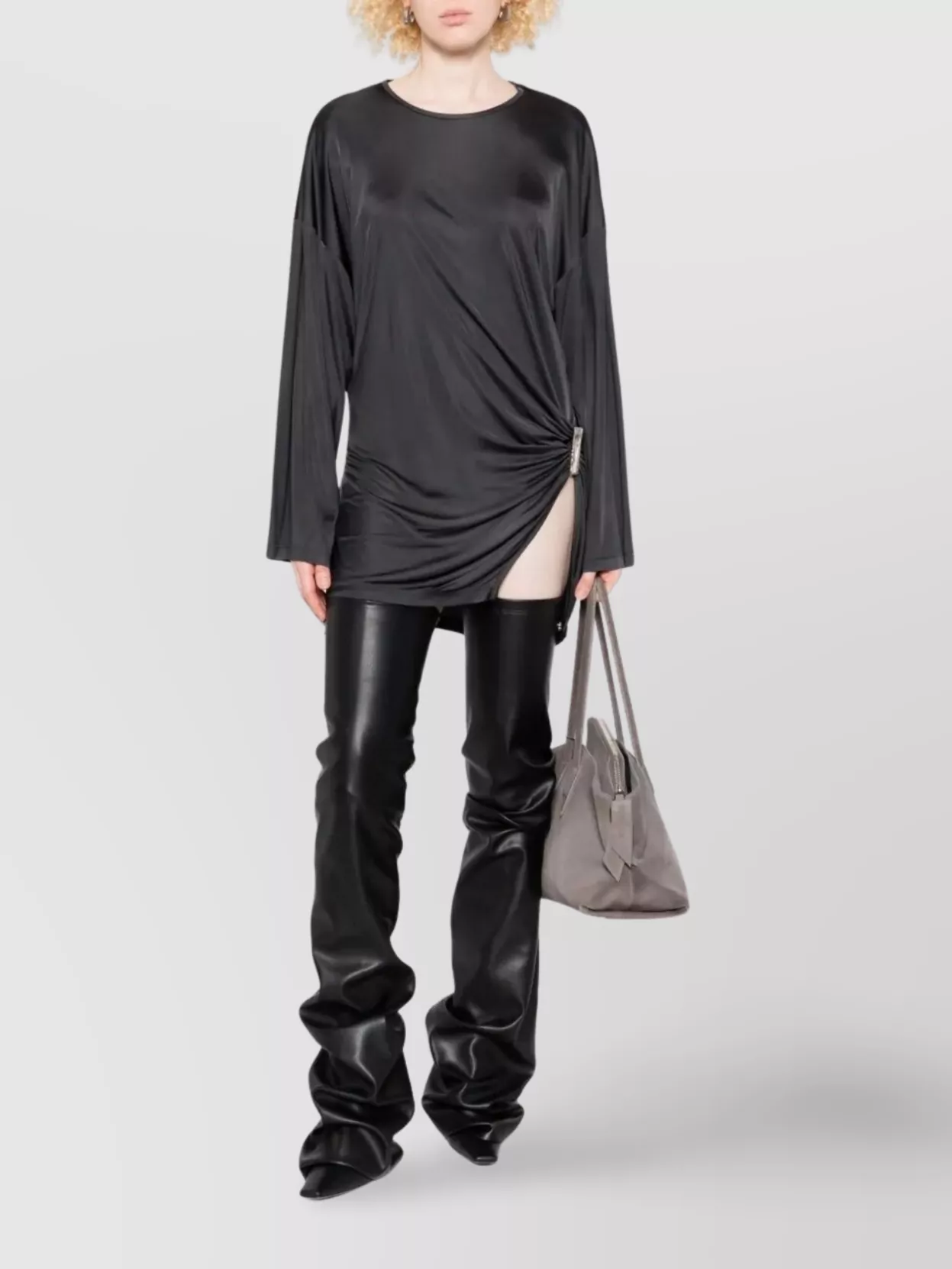 Attico Knotted Draped Mini Dress With Bell Sleeves In Black