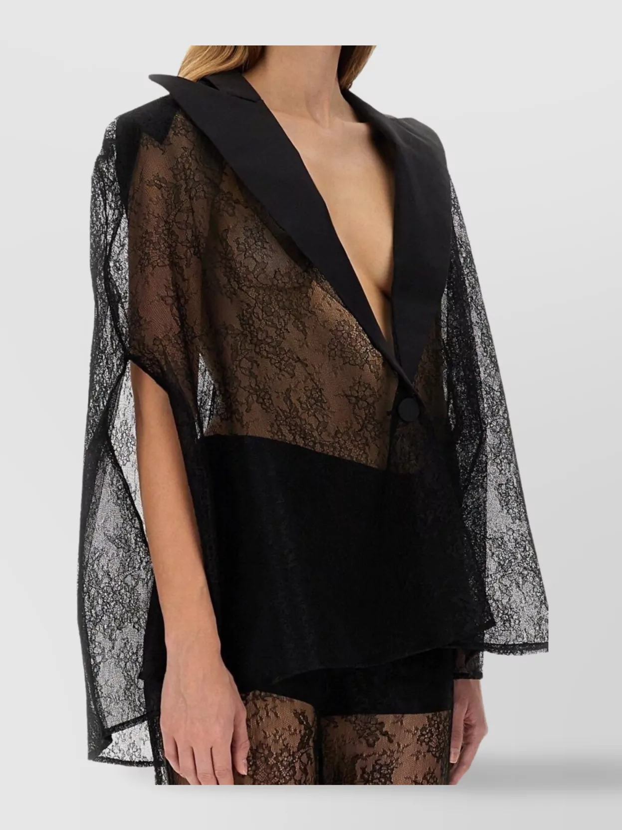 Nina Ricci Sheer Lace Deep V-Neck Long Sleeve Top