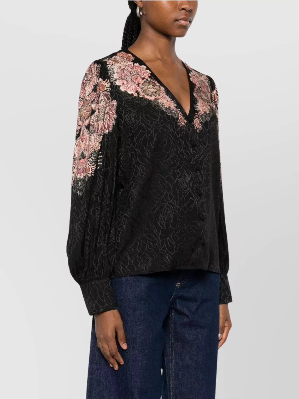 Twin-Set Long Sleeve Floral Embroidered V Neck Top