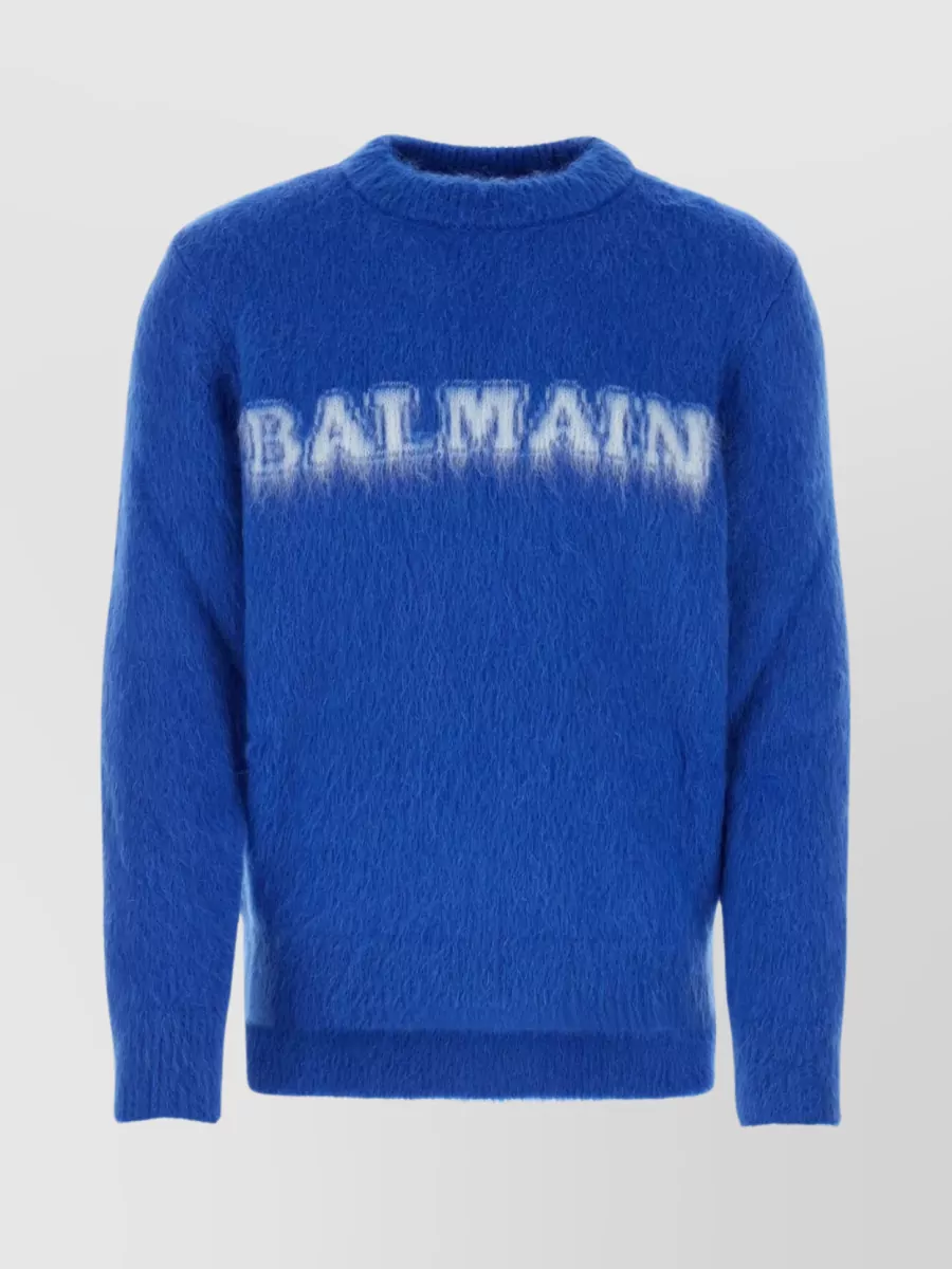 Shop Balmain Textured Wool Blend Crew-neck Sweater In Blue