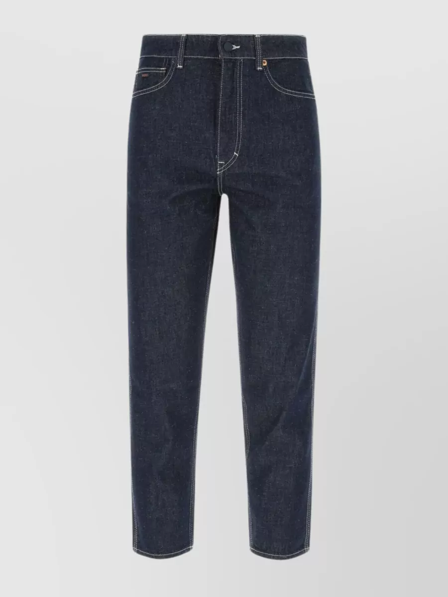 Shop Hugo Boss Cotton Denim Trousers With Belt Loops In Blue