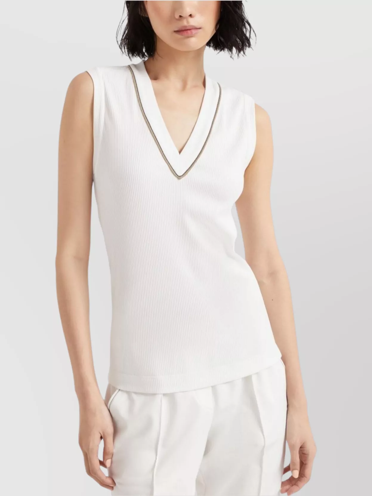 Brunello Cucinelli Ribbed V-Neck Sleeveless Top