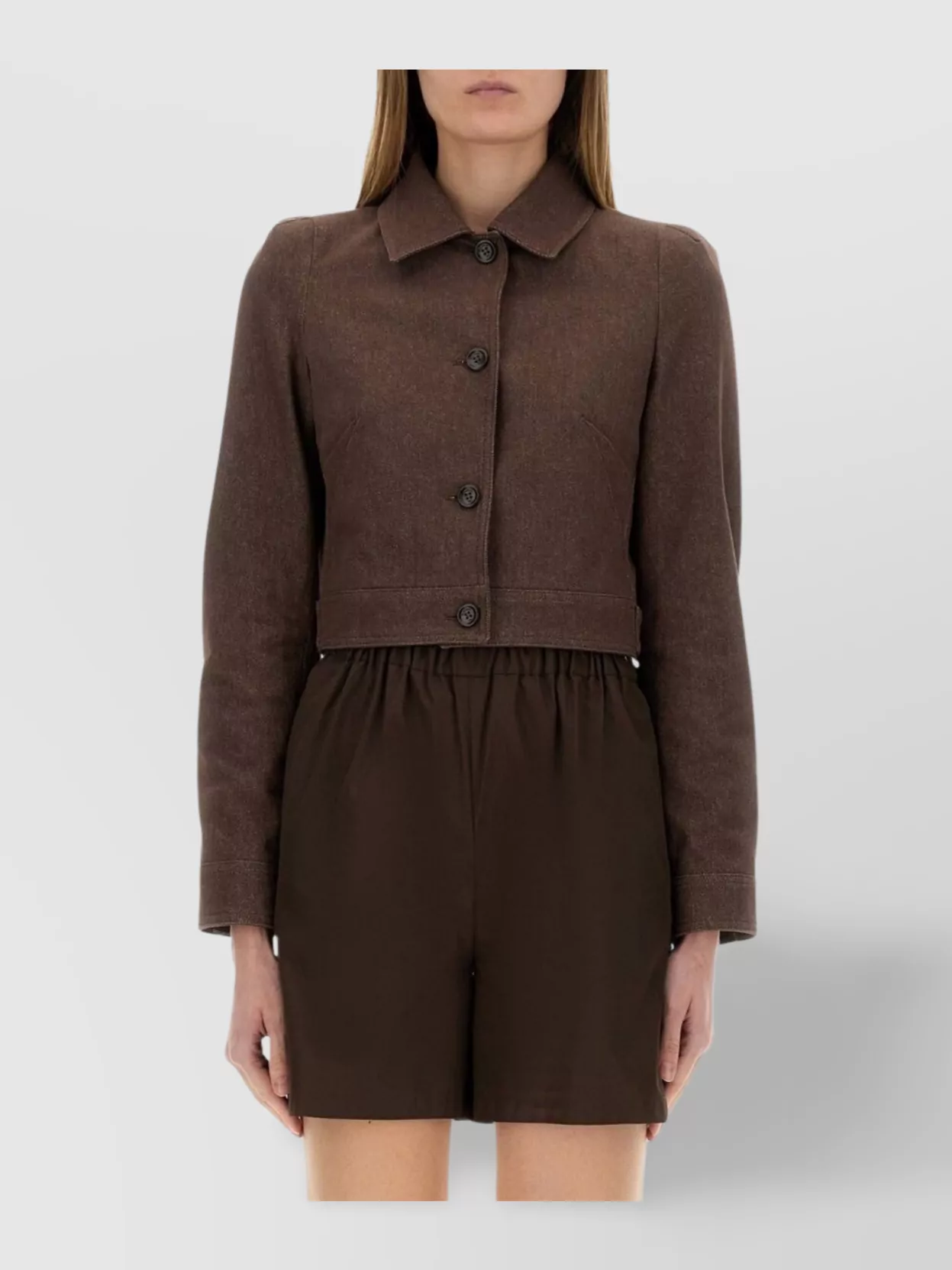 Max Mara Cropped Cotton Jacket Button Detail In Brown