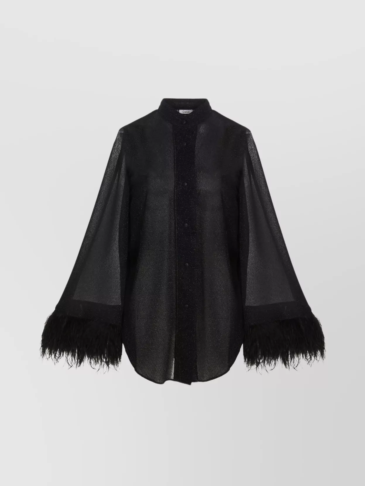 Oseree 'feather Trim Mandarin Collar Sheer Shirt' In Multi