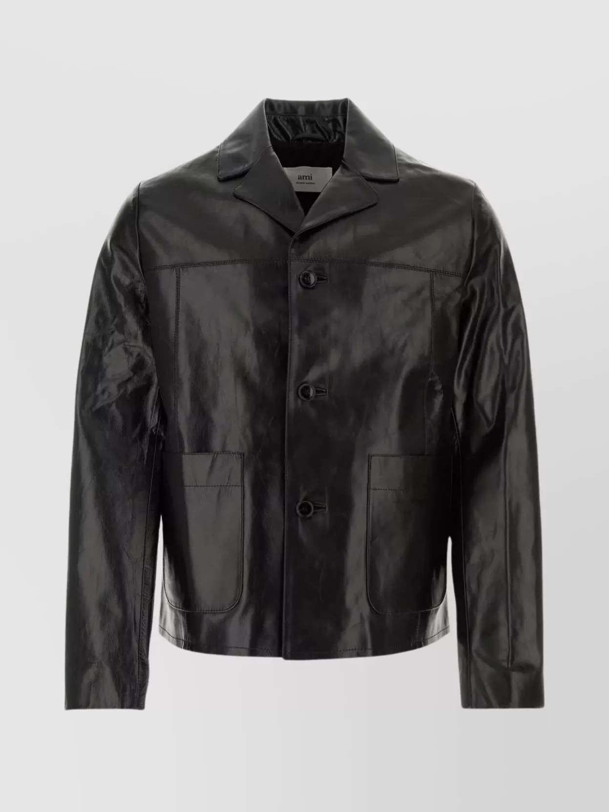 Shop Ami Alexandre Mattiussi Leather Jacket Cuffed Sleeves