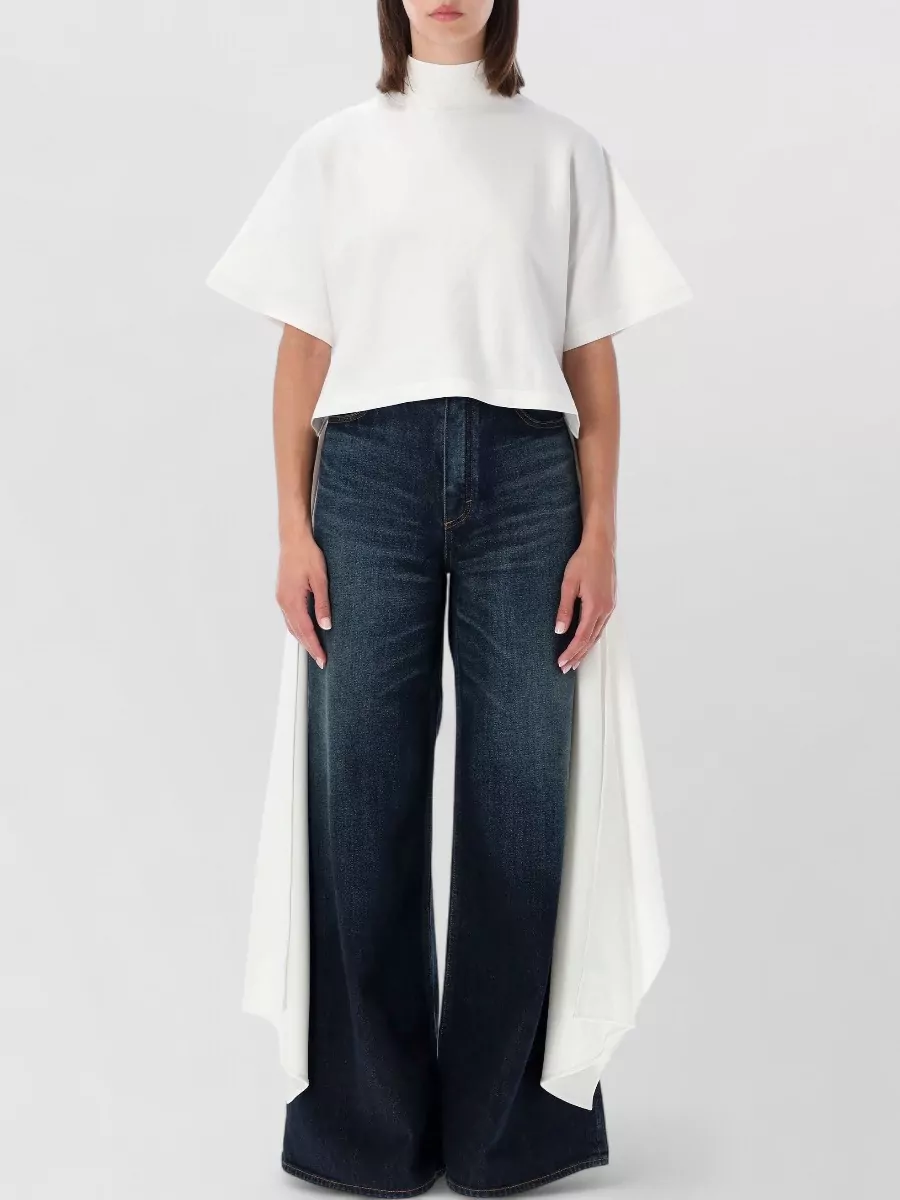 Alaïa cotton jersey ribbed mock neck asymmetric long-sleeve blouse