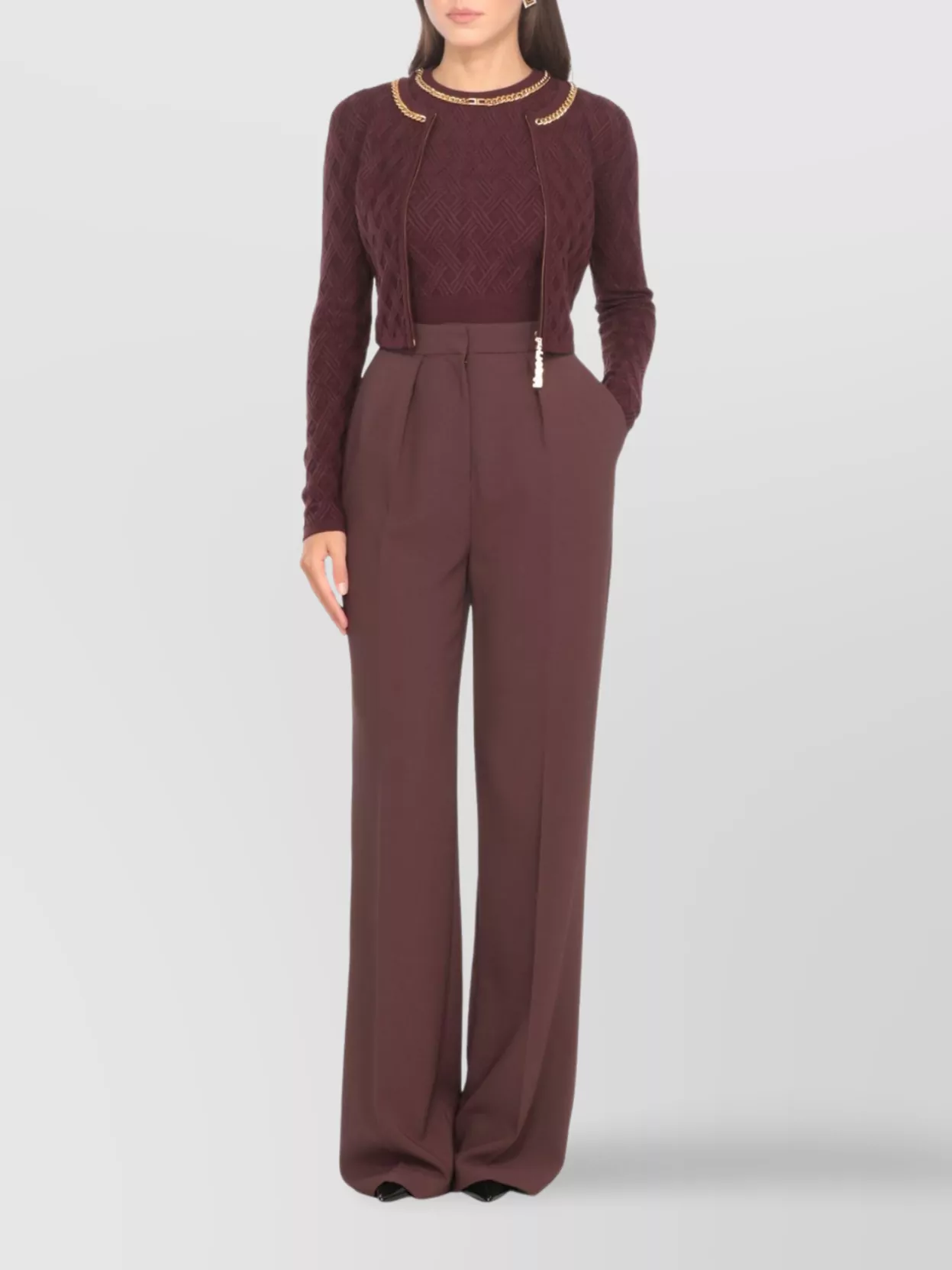 Elisabetta Franchi High Waist Wide Leg Trousers With Pockets In Brown