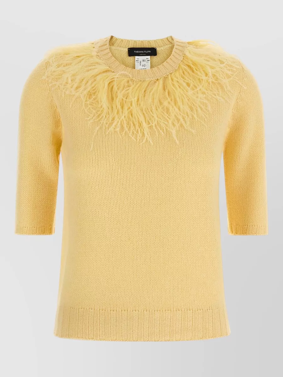 Fabiana Filippi Cashmere silk wool feather-trim short-sleeve sweater