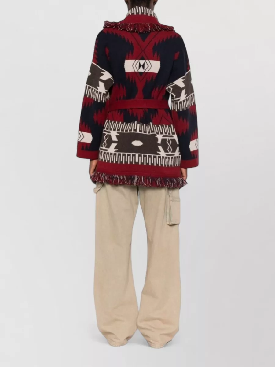 Alanui Cashmere Jacquard Fringe Belted Cardigan