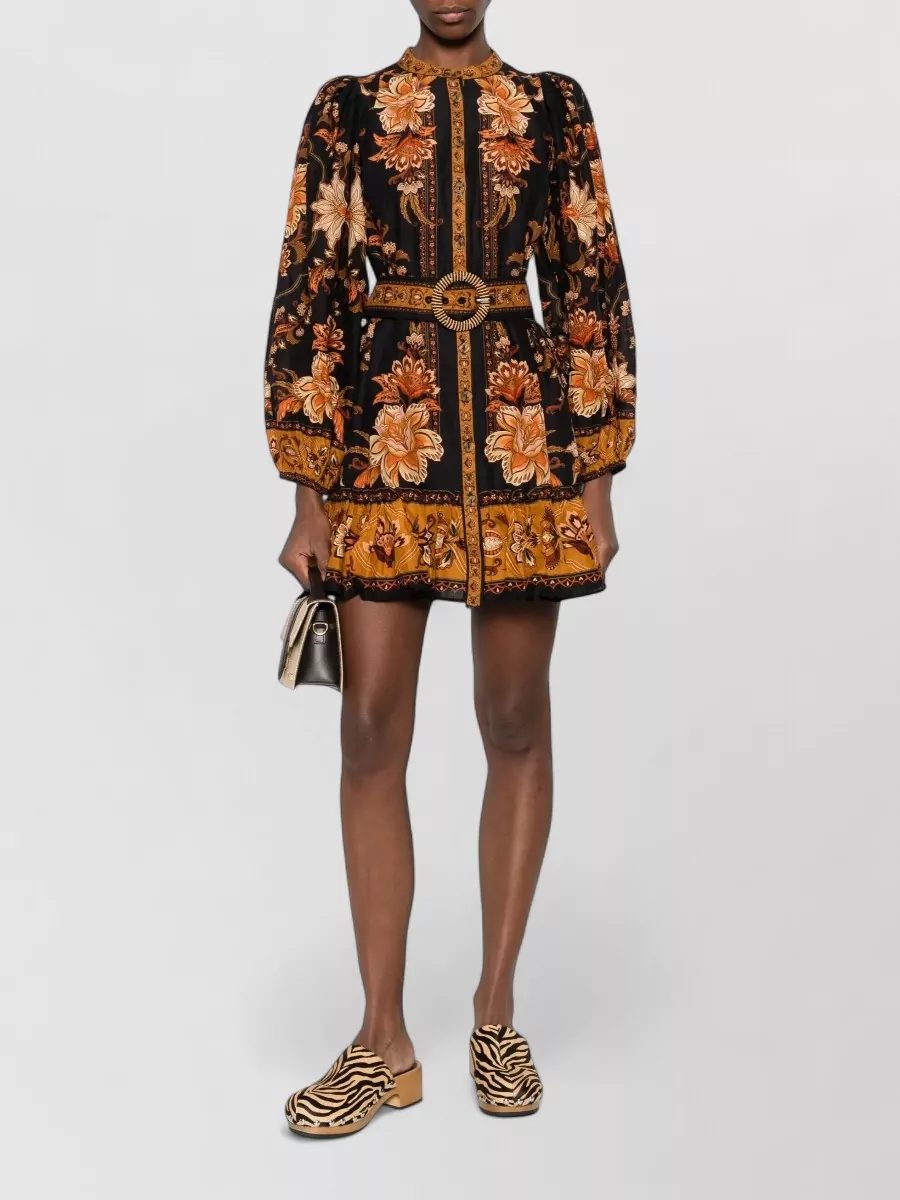 Farm Rio Cotton Floral Print Crew Neck Long Sleeve Mini Dress