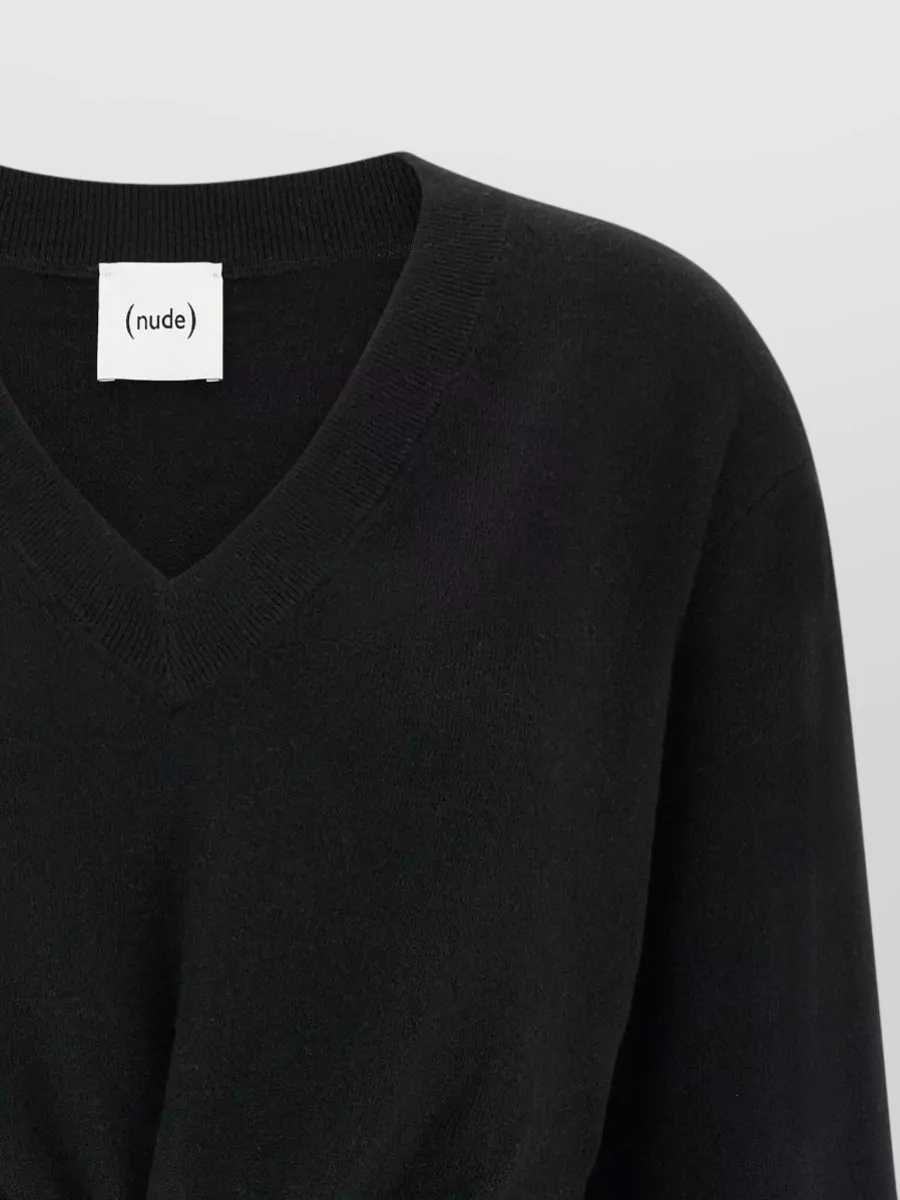 Nude Cashmere Wool Fine-Knit V-Neck Knot Sweater