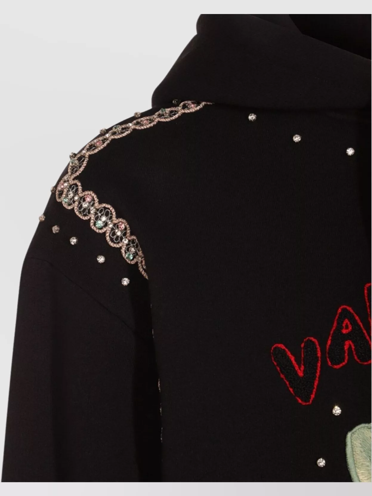 Valentino Crystal-embellished Hooded Sweater With Embroidered Logo In Black