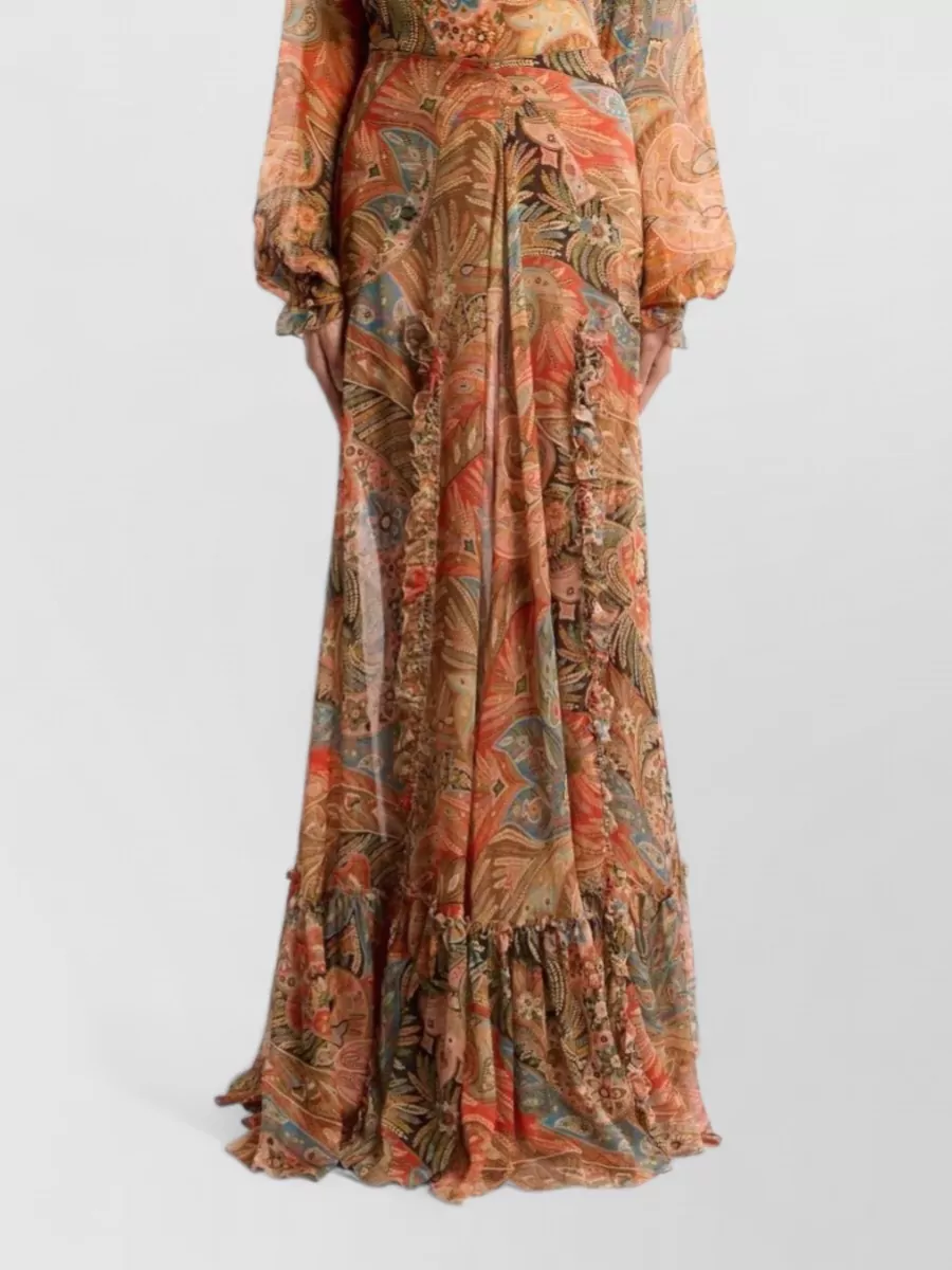 Etro Silk Paisley Print Ruffled Maxi Skirt