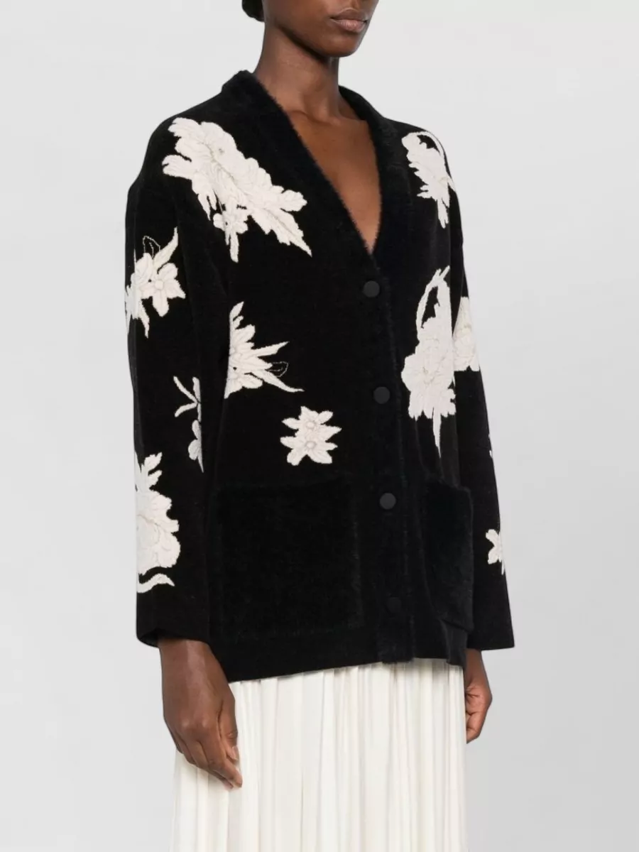 Forte Forte Floral-Embroidered Brushed V-Neck Cardigan