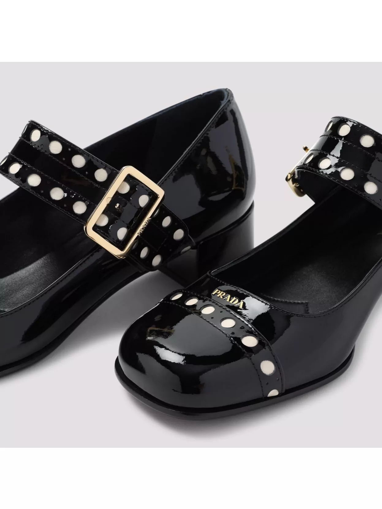 Prada Block Heel Round Toe Patent Finish Studded Detail In Black