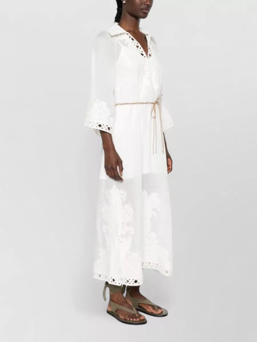 Zimmermann Embroidered Lace-Trim V-Neck Three-Quarter Sleeve Maxi Beach Cover-Up