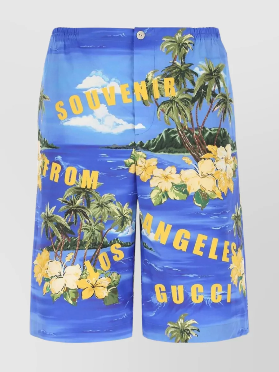 Shop Gucci Graphic Print Waistband Shorts In Blue