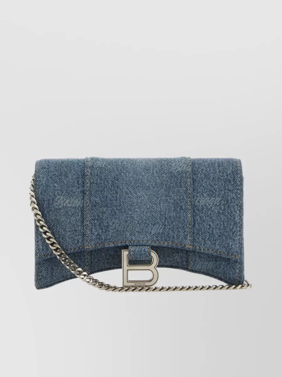 Shop Balenciaga Embroidered Denim Hourglass Wallet In Blue