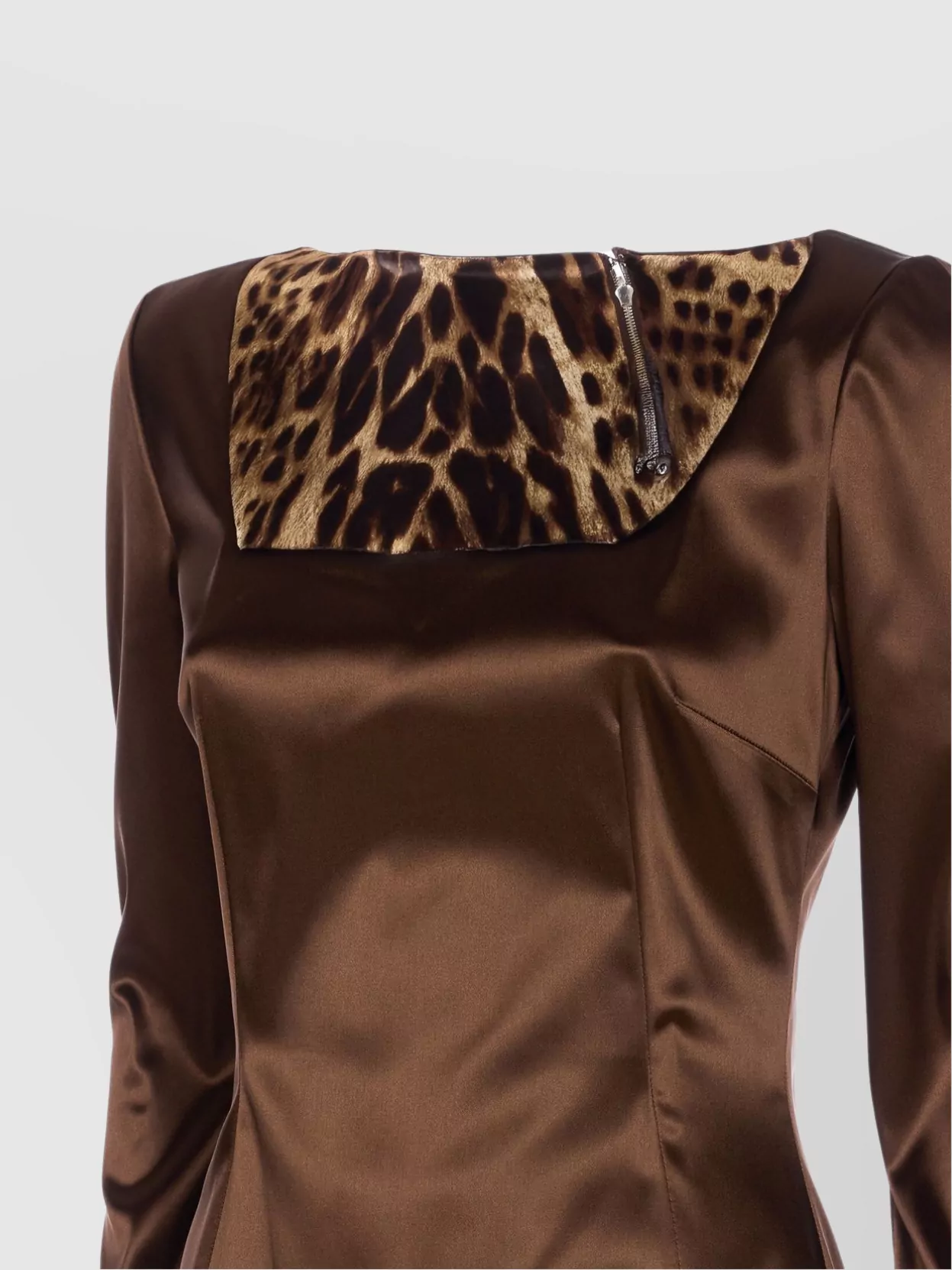 Dolce & Gabbana Long Sleeve Midi Dress With Animal Print Detail In Brown