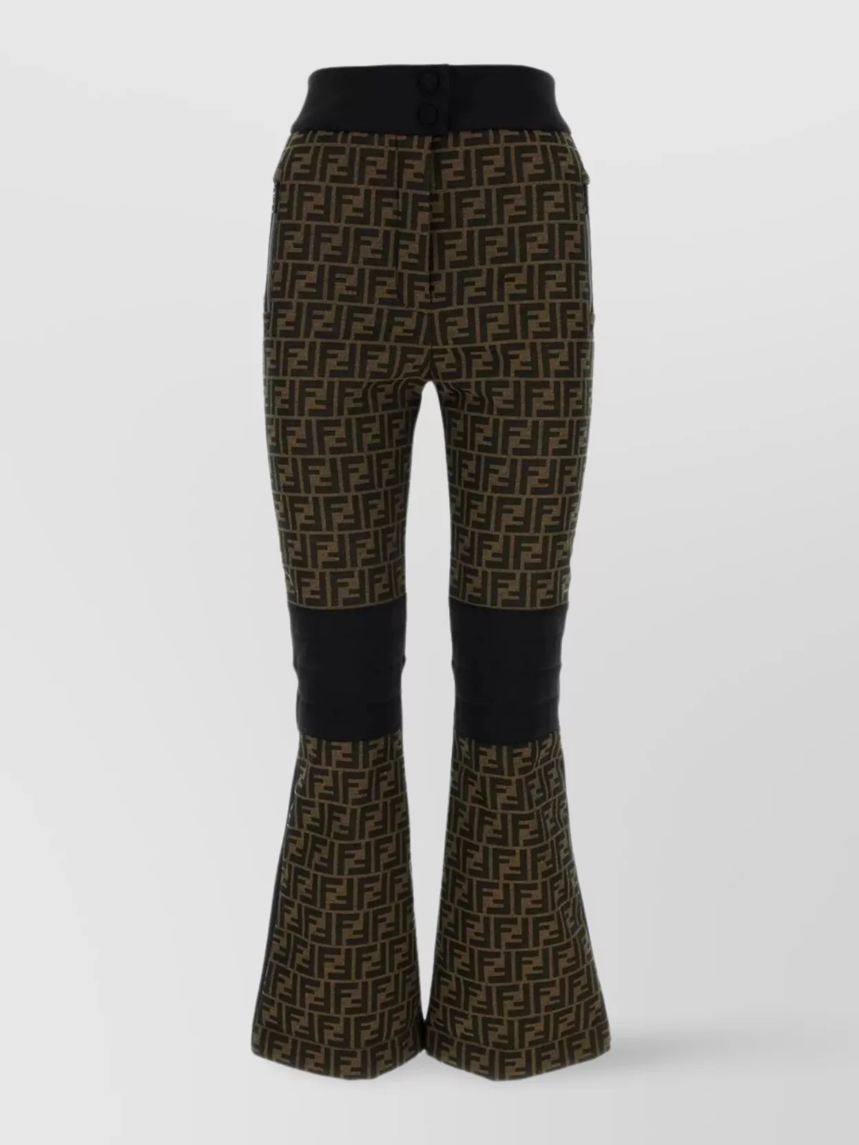 Shop Fendi Flared Trousers With Geometric Waistband And Zip Pockets In Brown