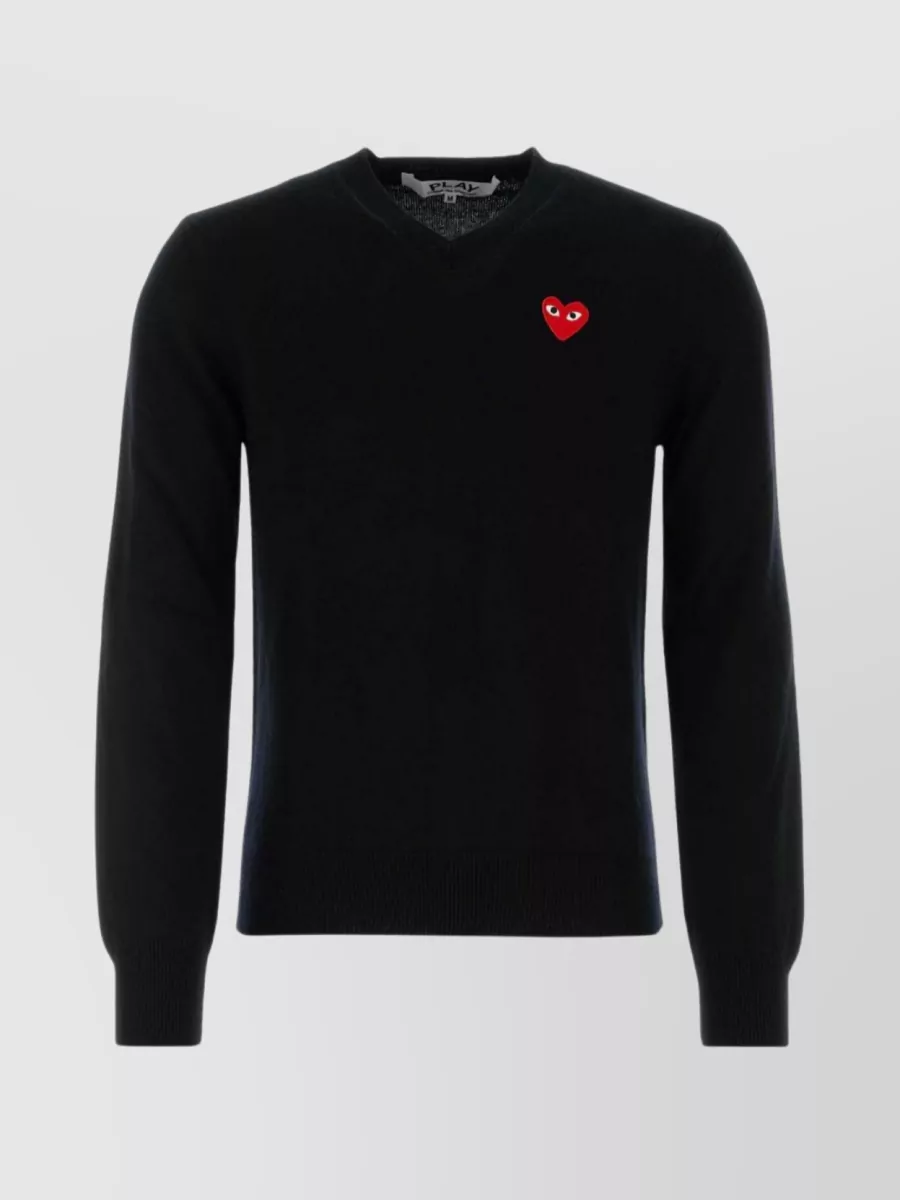 Shop Comme Des Garçons Play Ribbed Wool Sweater With Defined Hem And Cuffs In Black