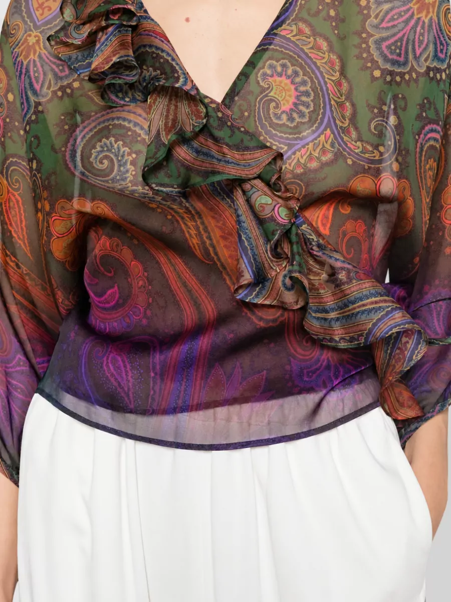 Etro Silk Paisley-Print Wrap Ruffled V-Neck Short-Sleeve Blouse