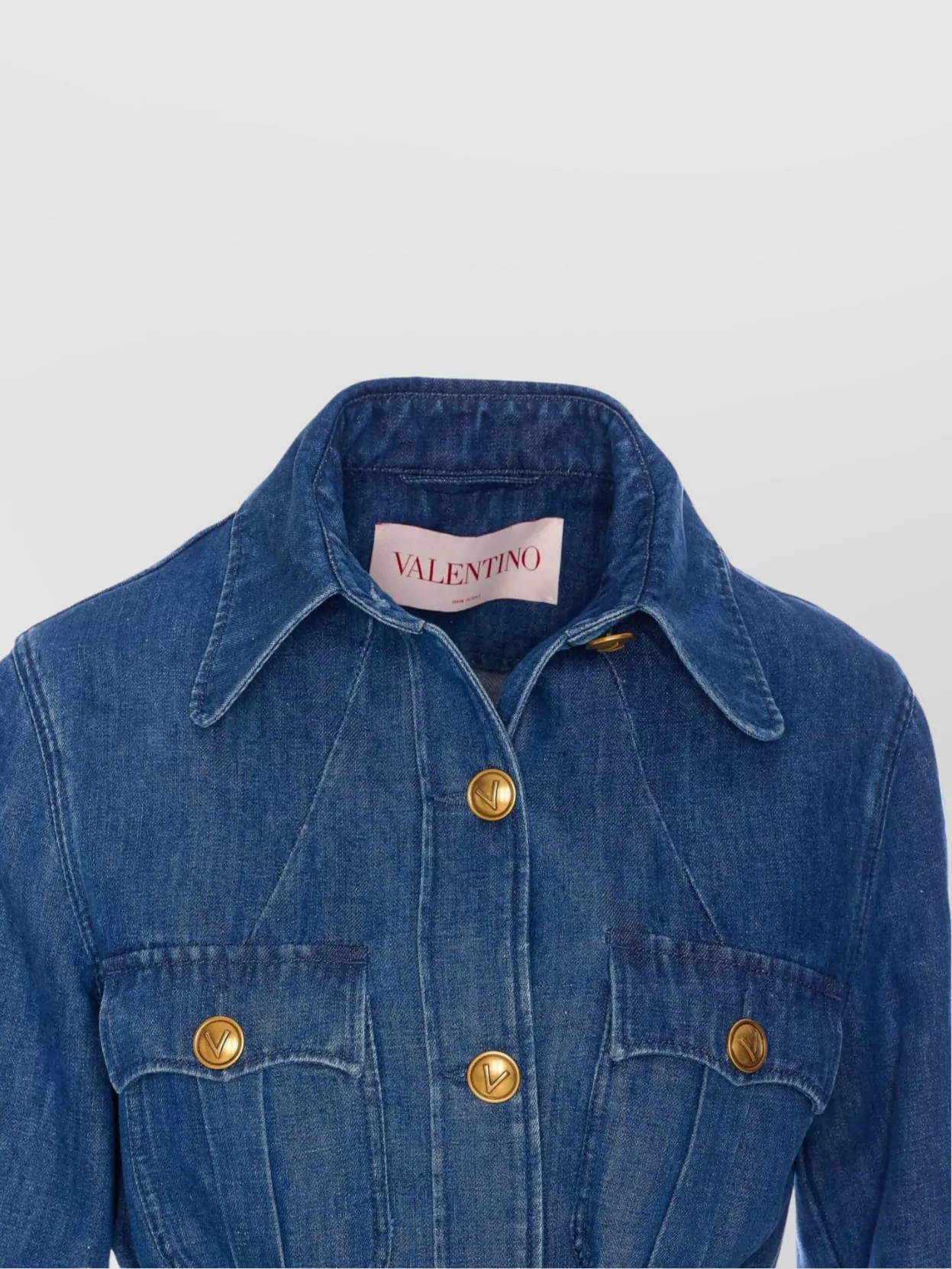 Shop Valentino Denim Shirt With Belted Waist And Pockets In Blue