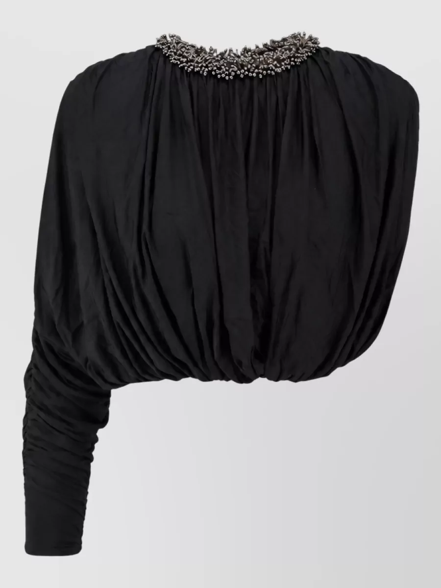 Self-Portrait Embellished Asymmetric Long-Sleeve Crop Top