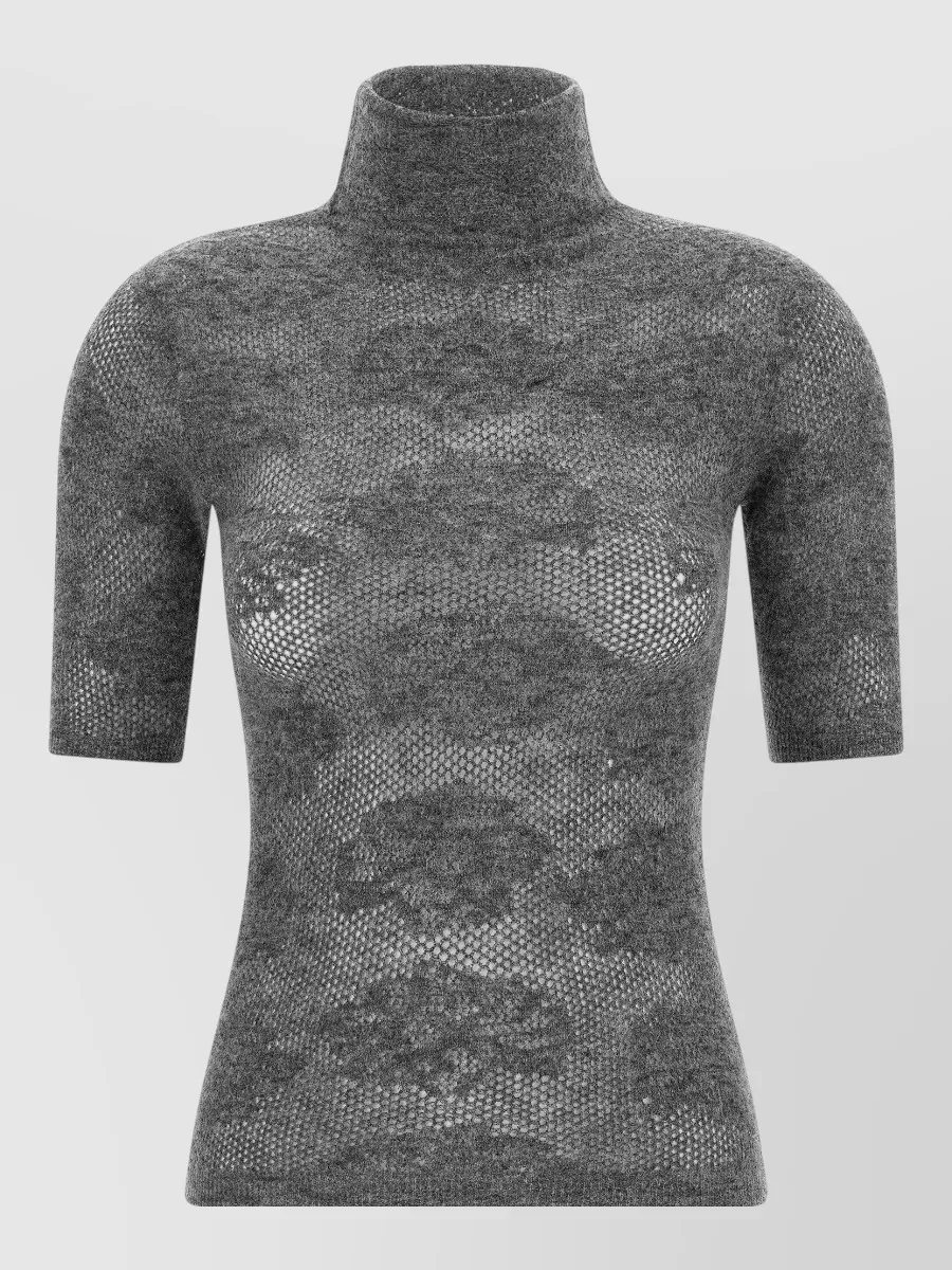 Brunello Cucinelli silk wool alpaca openwork turtleneck short-sleeve sweater