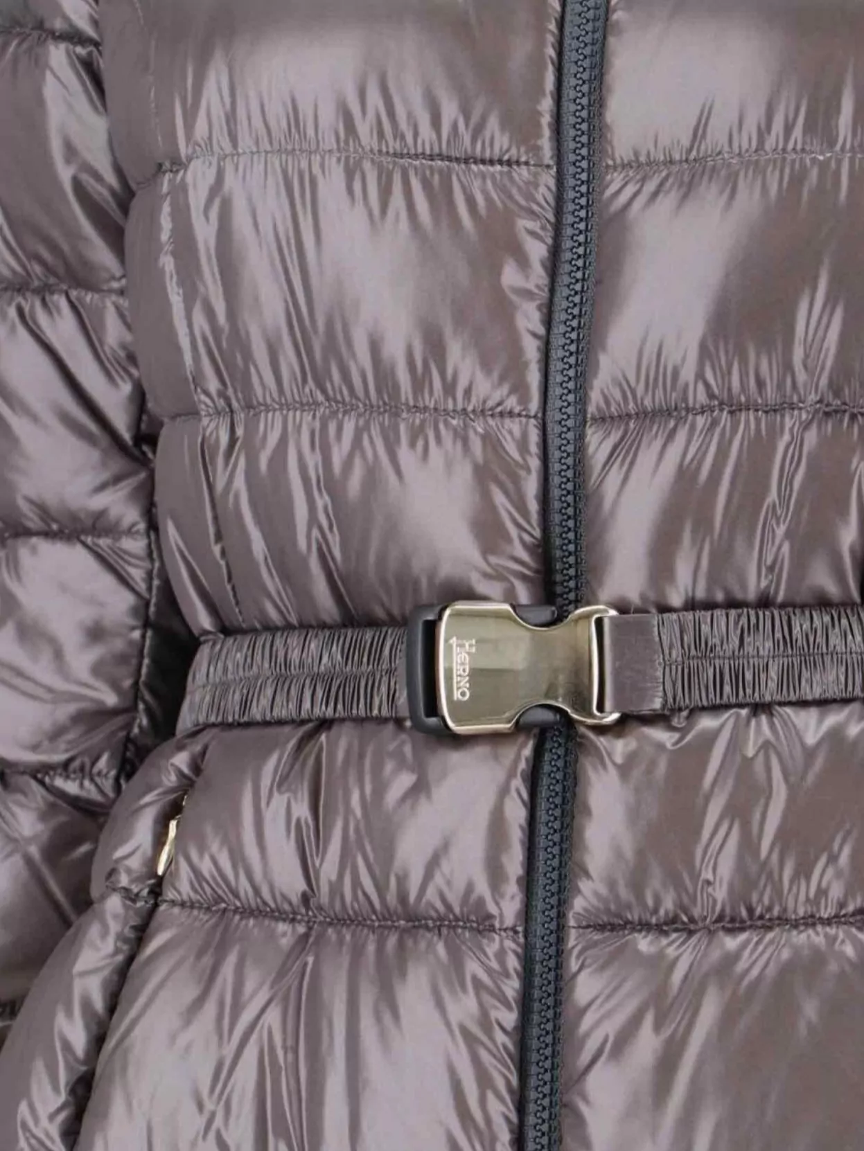 Herno Belted High Collar Long Quilted Shiny Jacket