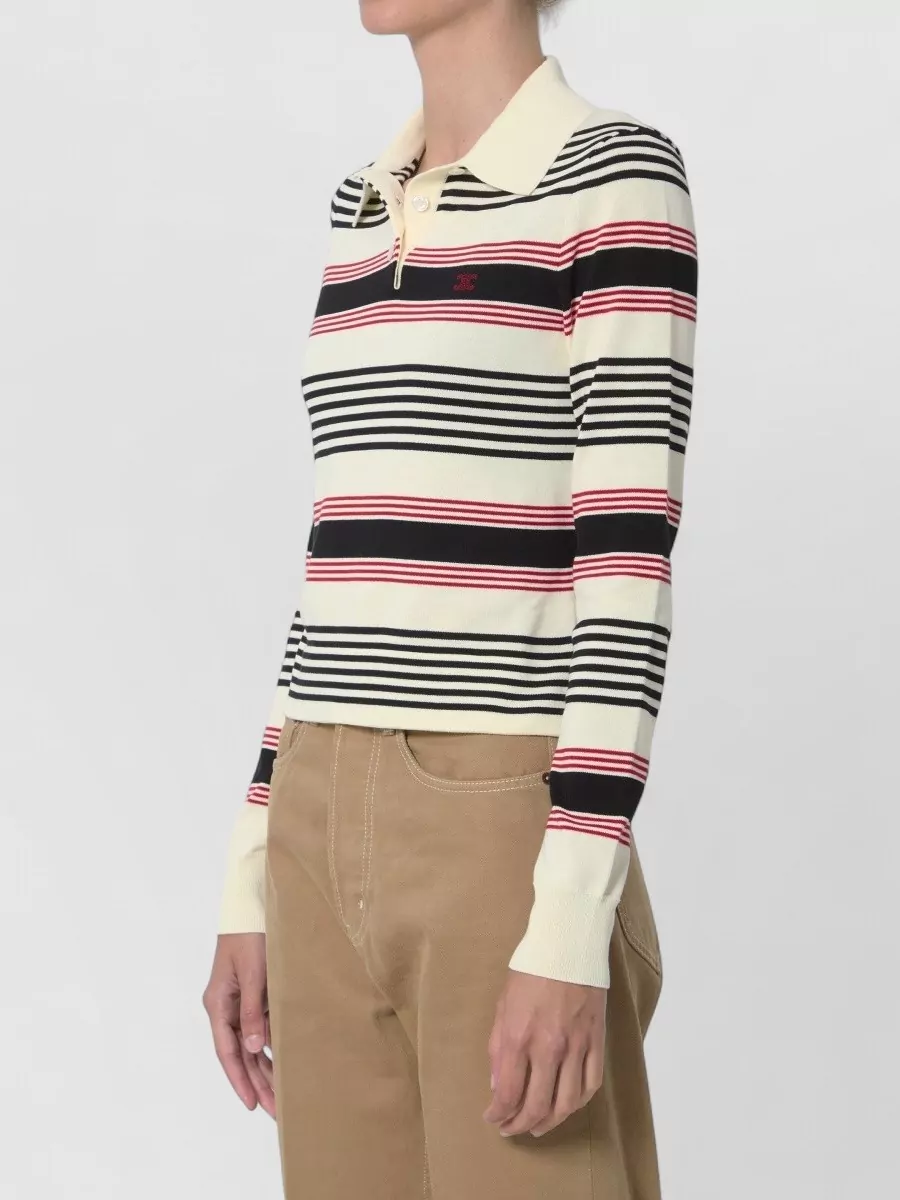 Celine Striped Ribbed Cropped Long-Sleeve Polo Shirt