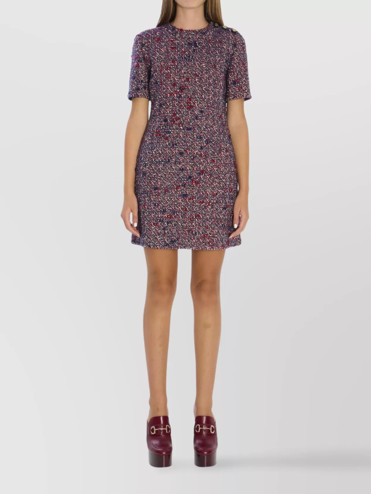 Gucci Textured Wool Dress Featuring Signature Buttons In Purple