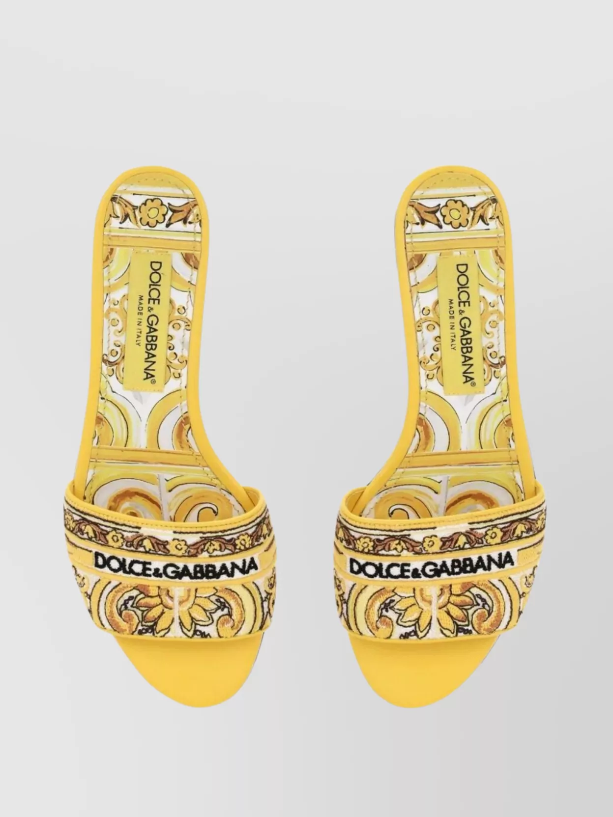 Dolce & Gabbana Yellow Sliders With Embroidered Majolica Pattern In Cotton And Leather Woman In Yellow