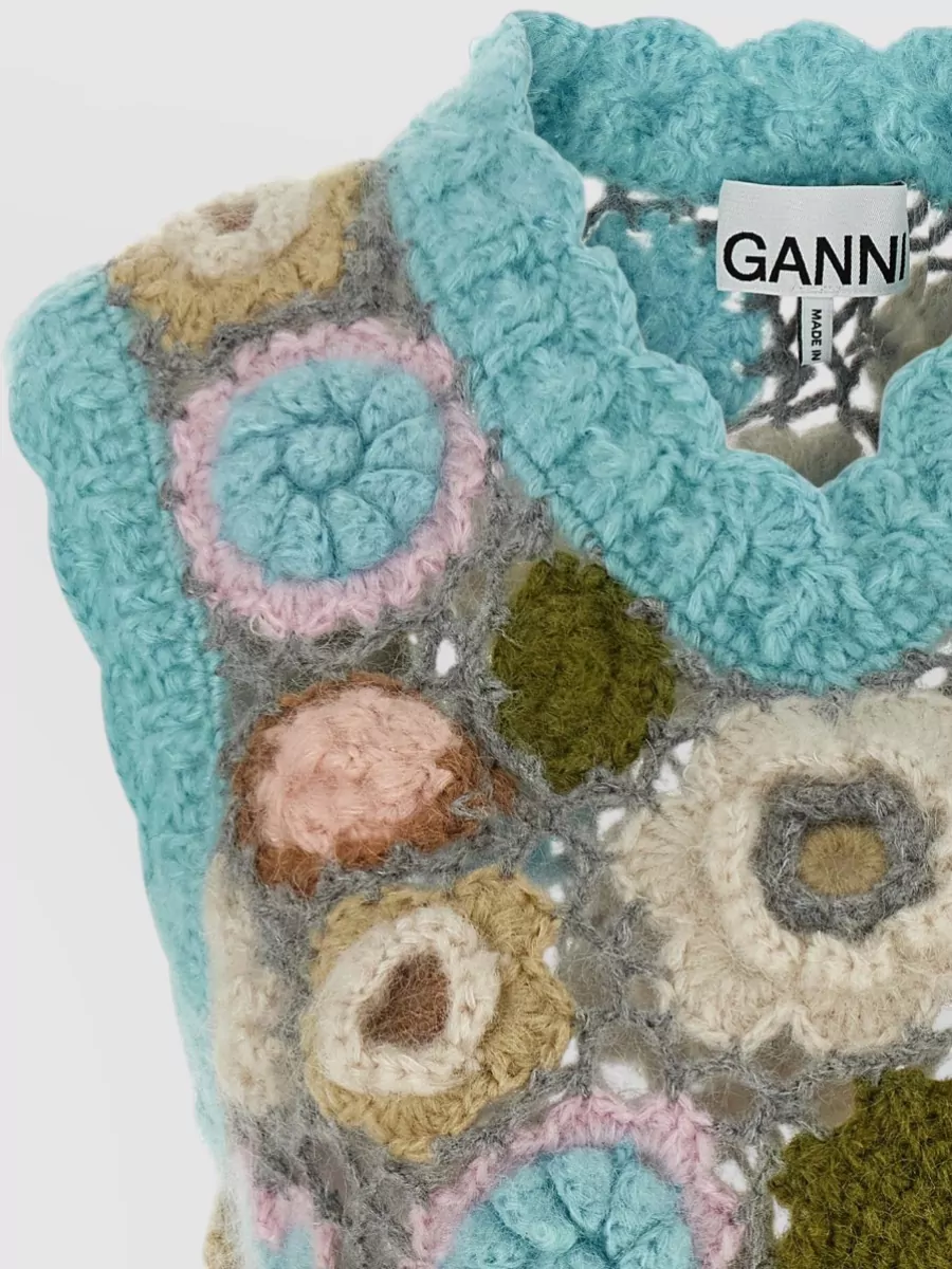 Ganni Mohair Floral Crochet V-Neck Knitted Top