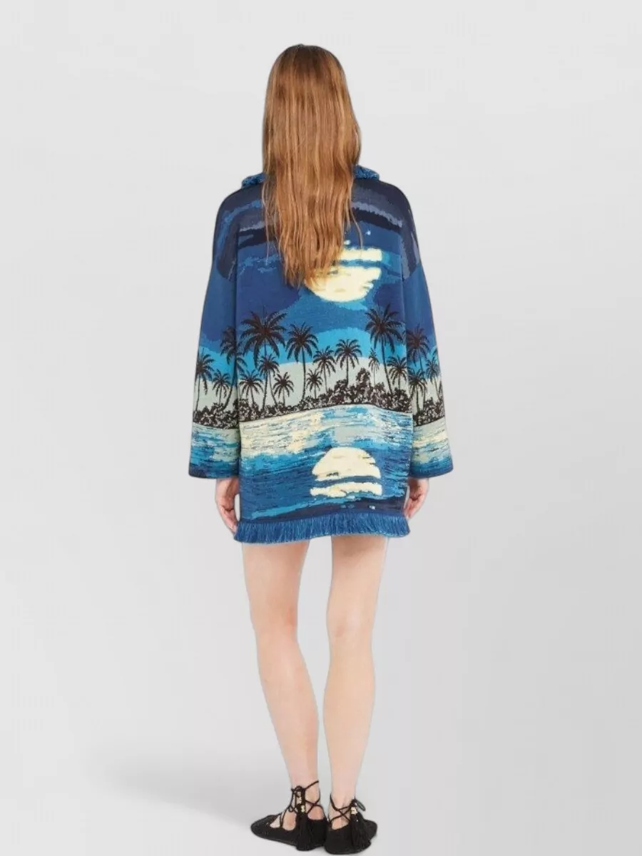 Alanui Tropical Belted Knit Cardigan Long Fringe
