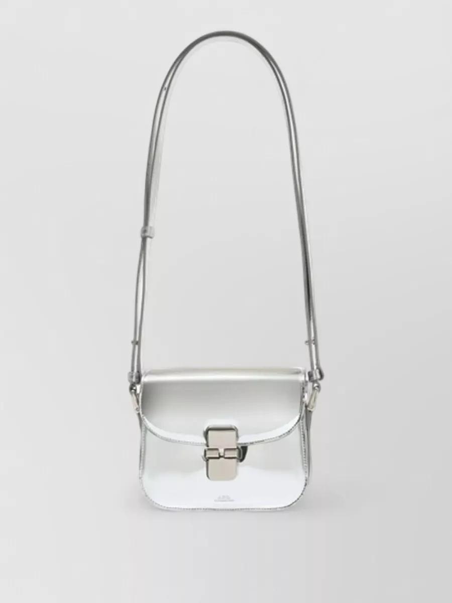 A.P.C. grace mini synthetic shoulder bag — The A.P.C. silver shoulder bag adds a sharp Y2K metallic accent that riffs on the Coperni wedges’ clear strap, keeping the silhouette sleek and evening-ready without overpowering the clean ivory dress.