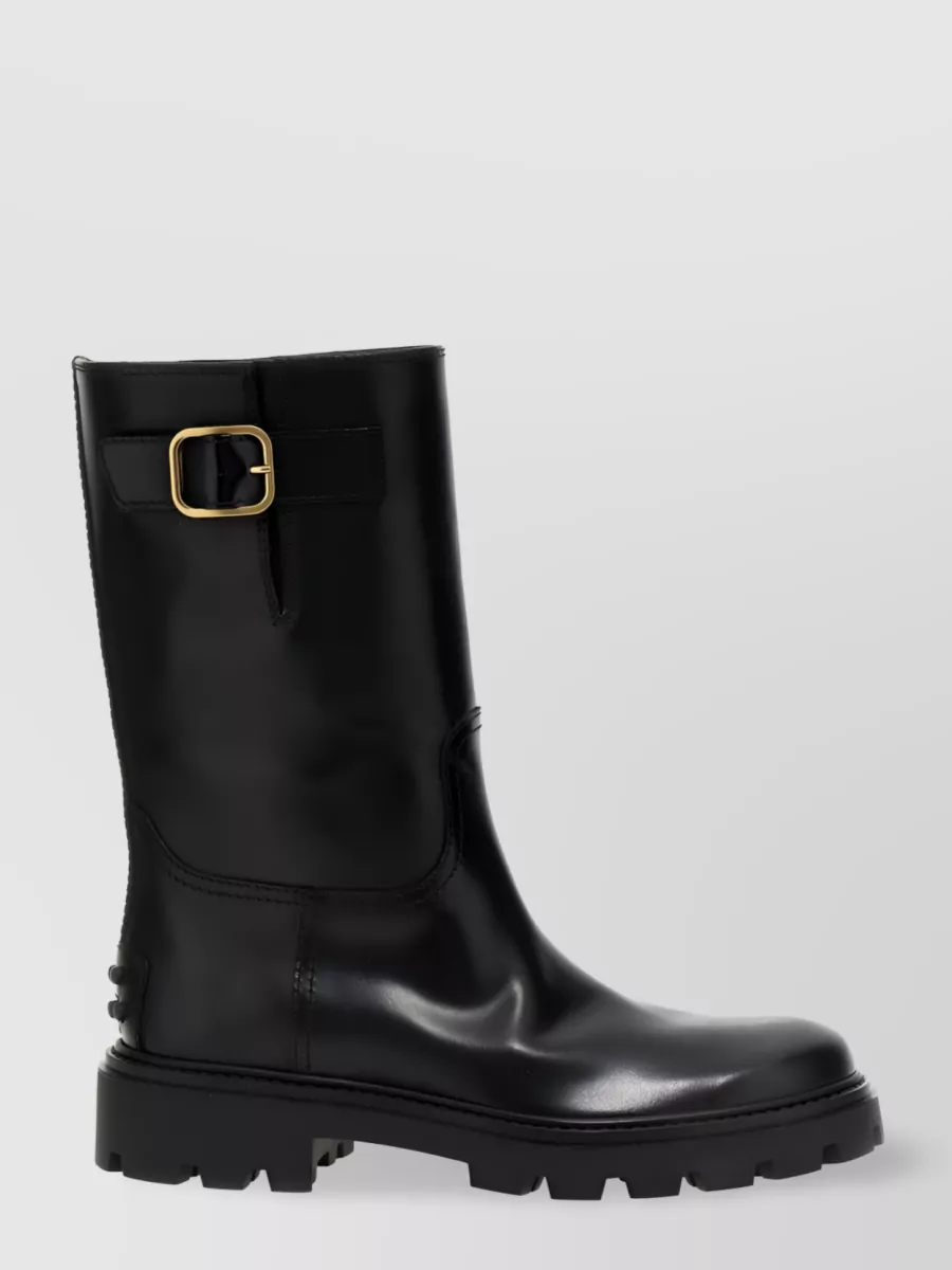 Shop Tod's Leather Buckle Accent Boots In Black
