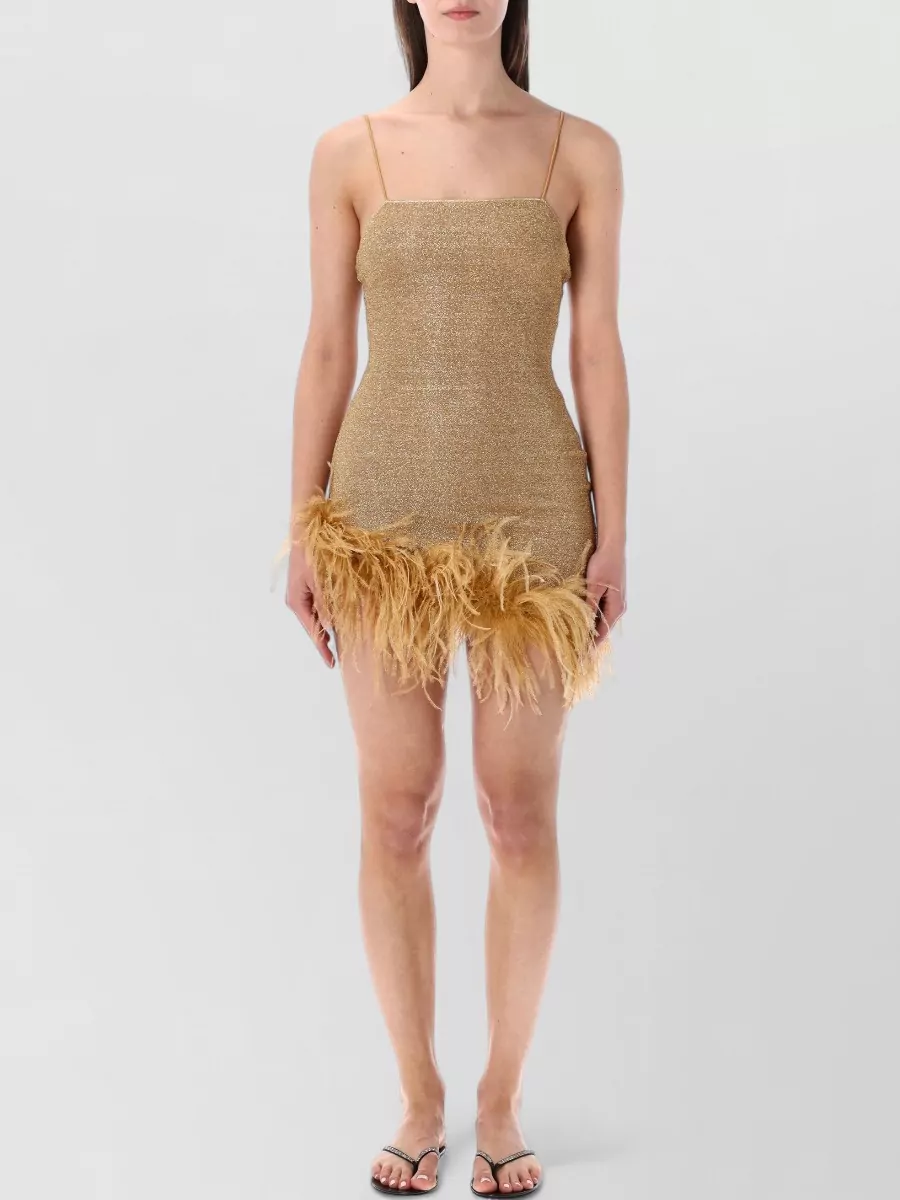 Oséree Metallic Feather-Trim Mini Dress