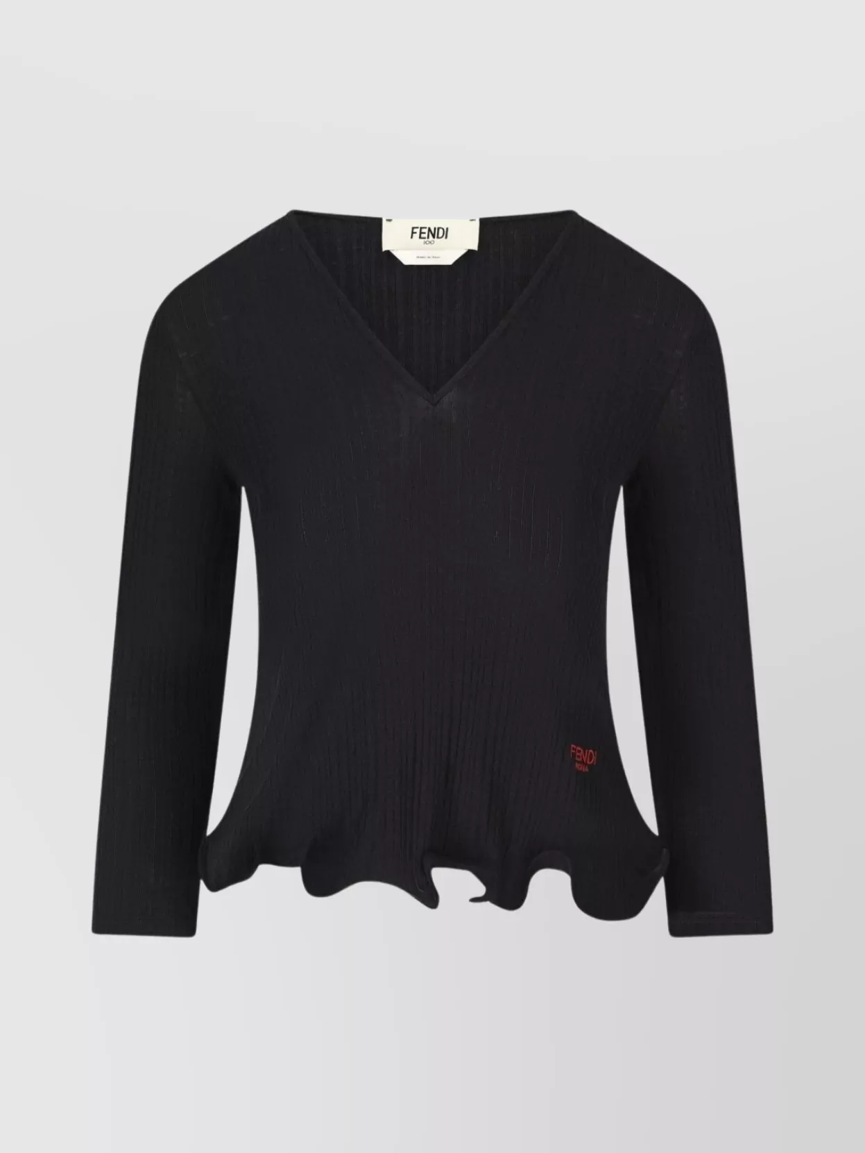 Fendi V-neck Ribbed Top With Ruffles Clothing In Blue