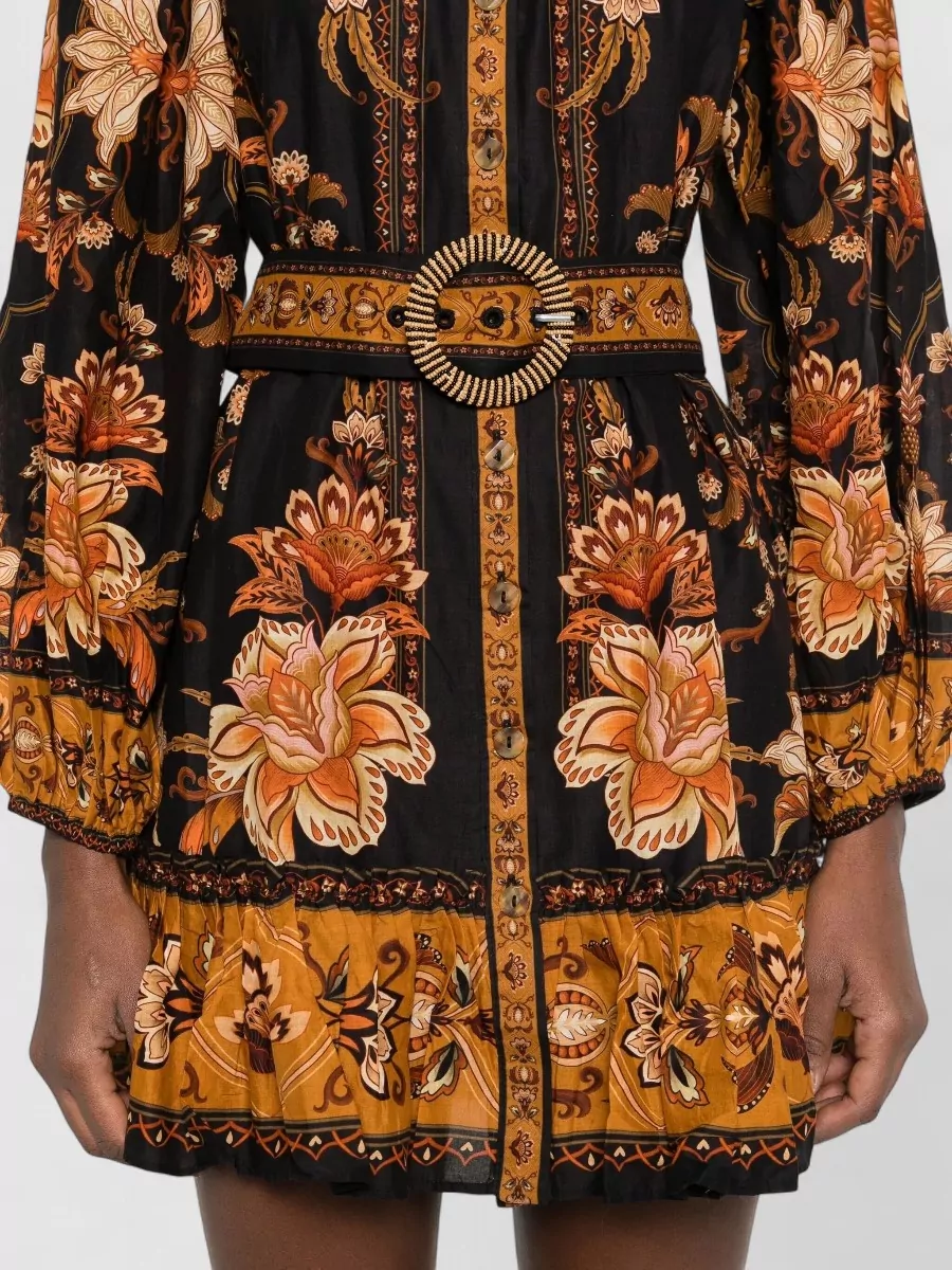 Farm Rio Cotton Floral Print Crew Neck Long Sleeve Mini Dress