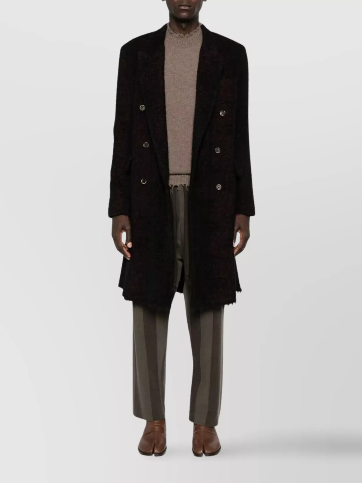Uma Wang Belted Back Textured Double-breasted Lapel Coat In Purple