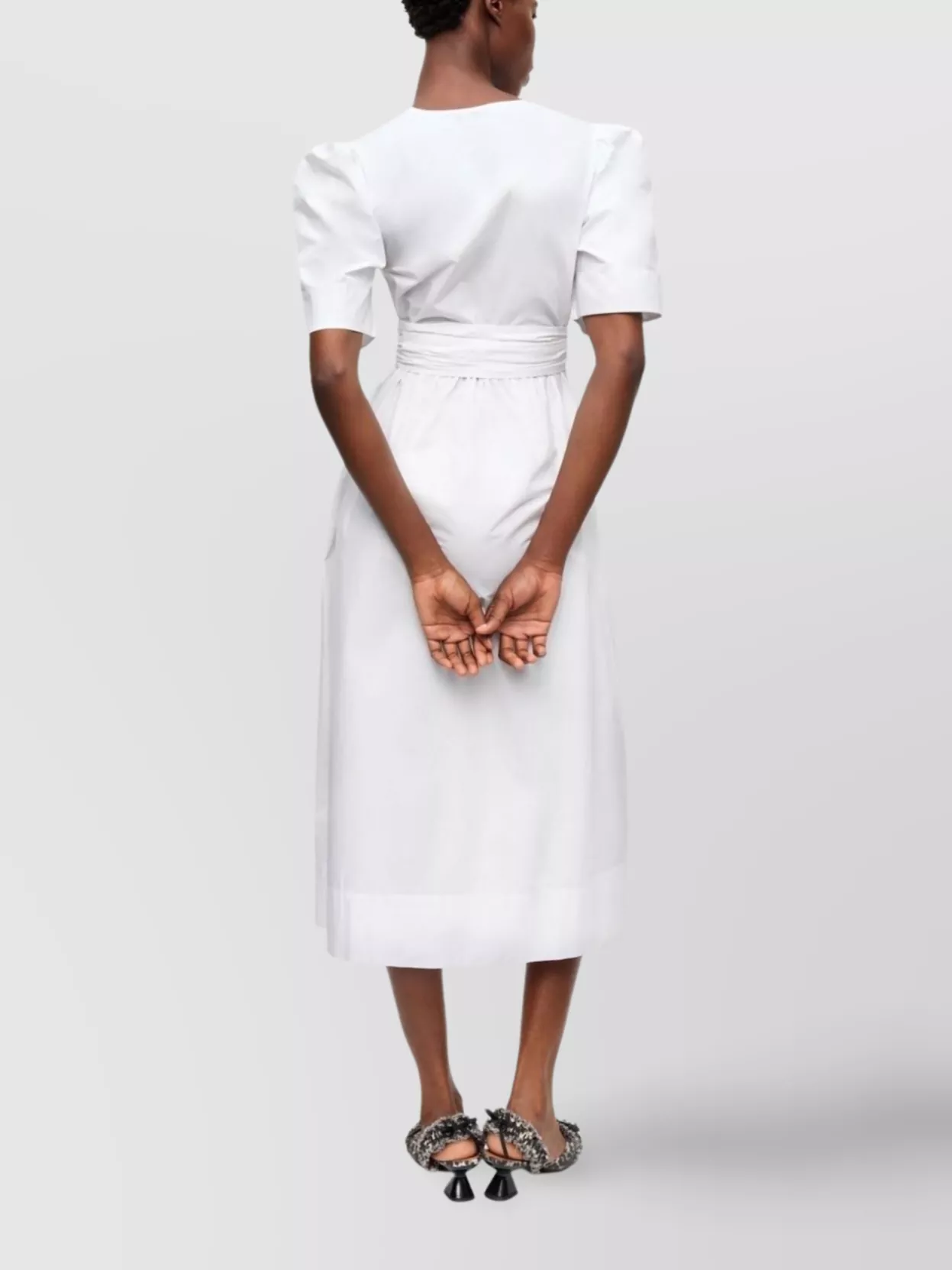 Ganni Belted Tie-detailed Gathered Cotton-blend Poplin Midi Dress