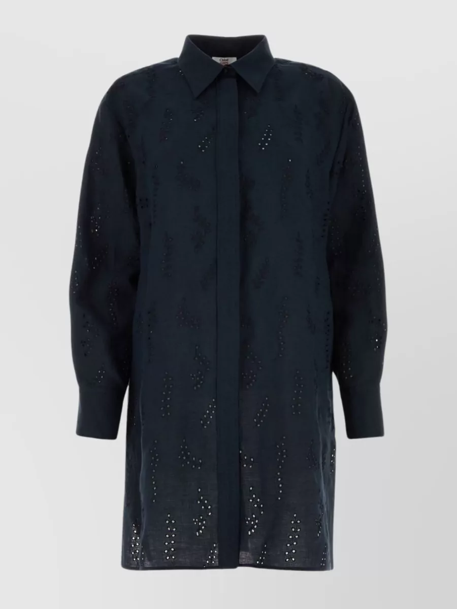 Shop Chloé Linen Oversize Shirt With Embroidered Accents In Blue